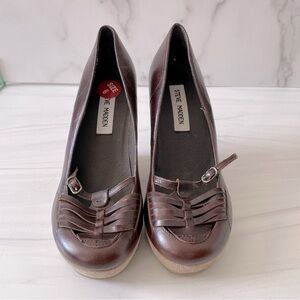 Steve Madden Leather Wedges- Small Buckle Front- Cognac Brown- Size 6